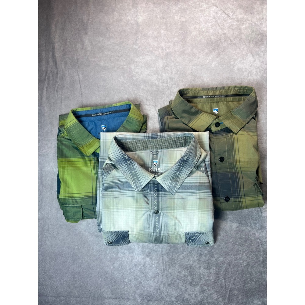 KUHL Mens Konquer SS Shirt XL Plaid Green Blue Lot of 3 Hiking Outdoor Technical